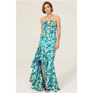 Amur Edie Floral Ruffle Cascade Halter Maxi Dress